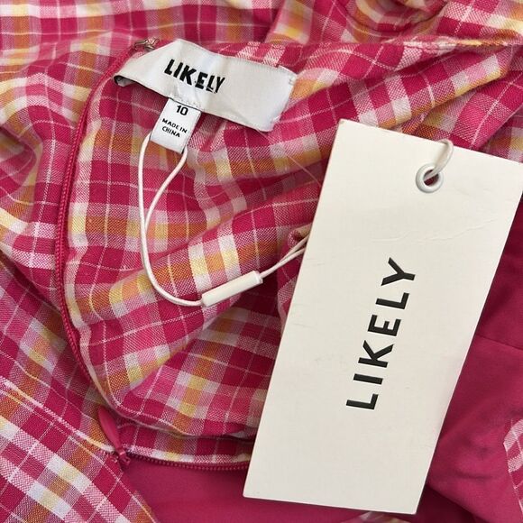 NWT LIKELY Kai Check Ruffle Hem Puff Sleeve Mini Dress in Fuchsia Multi size 10 - Picture 14 of 15